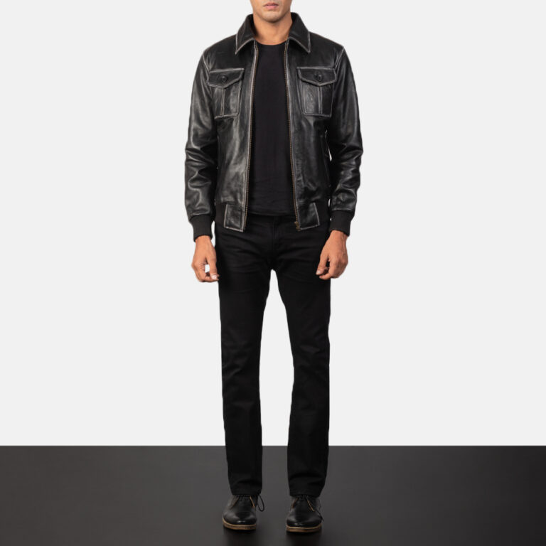 Mens Aaron Black Leather Bomber Jacket5886-2-1568890315241